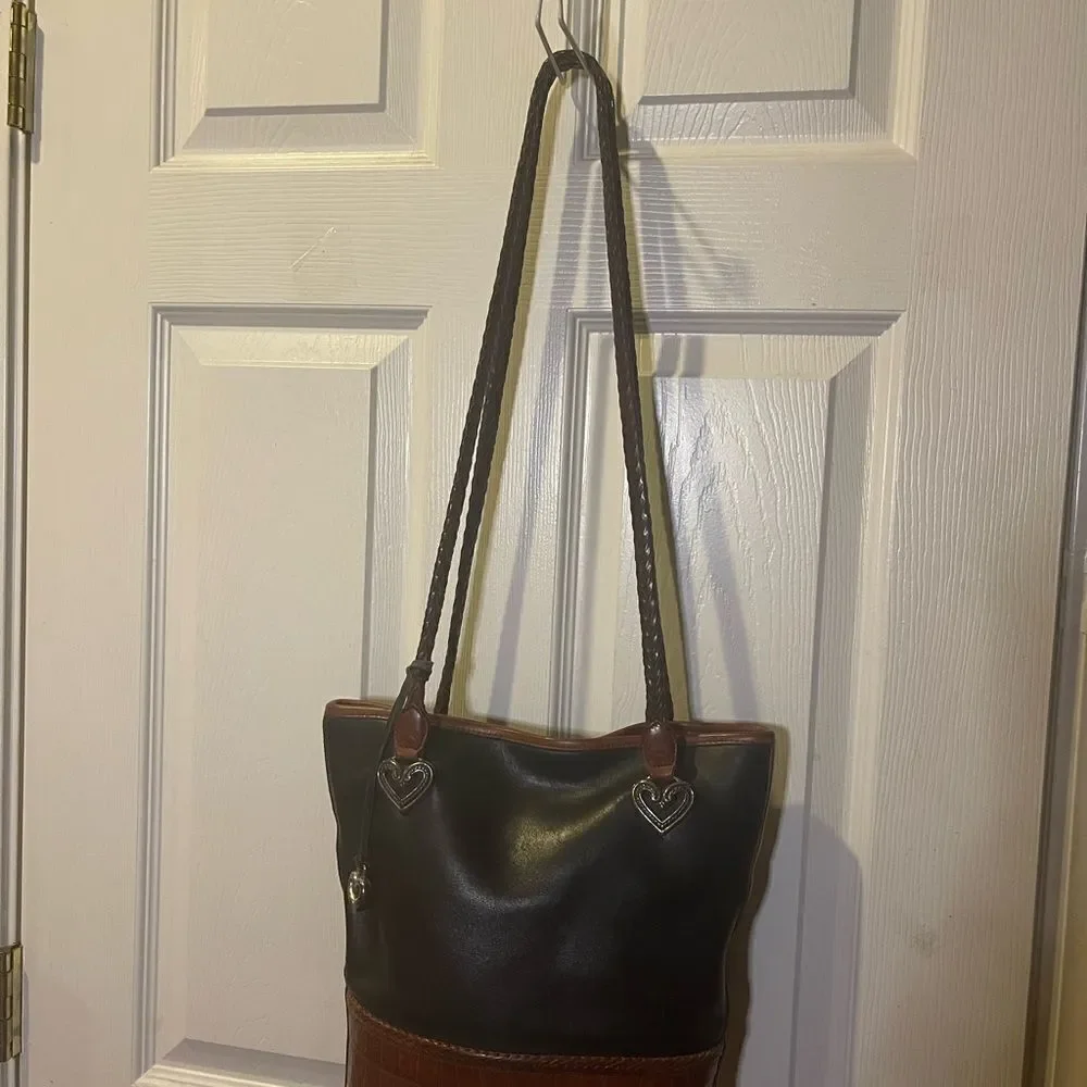 Brighton leather Black and Brown crocs print bucket style shoulder bag .